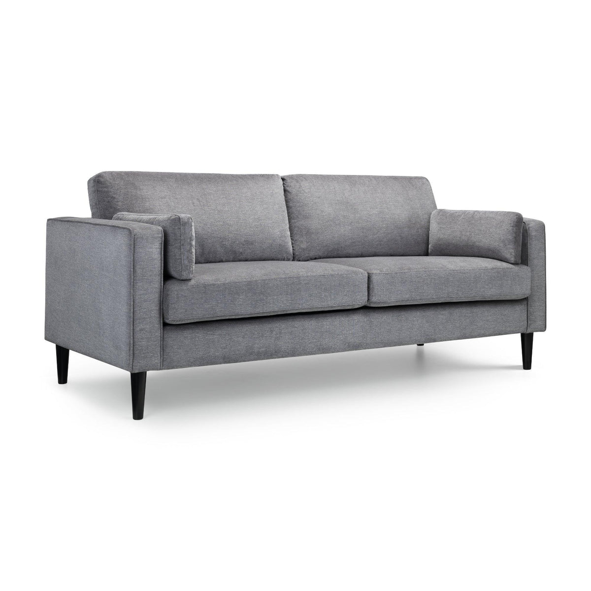 Dark grey chenille 3 seater sofa with square arms and black tapered legs on white background