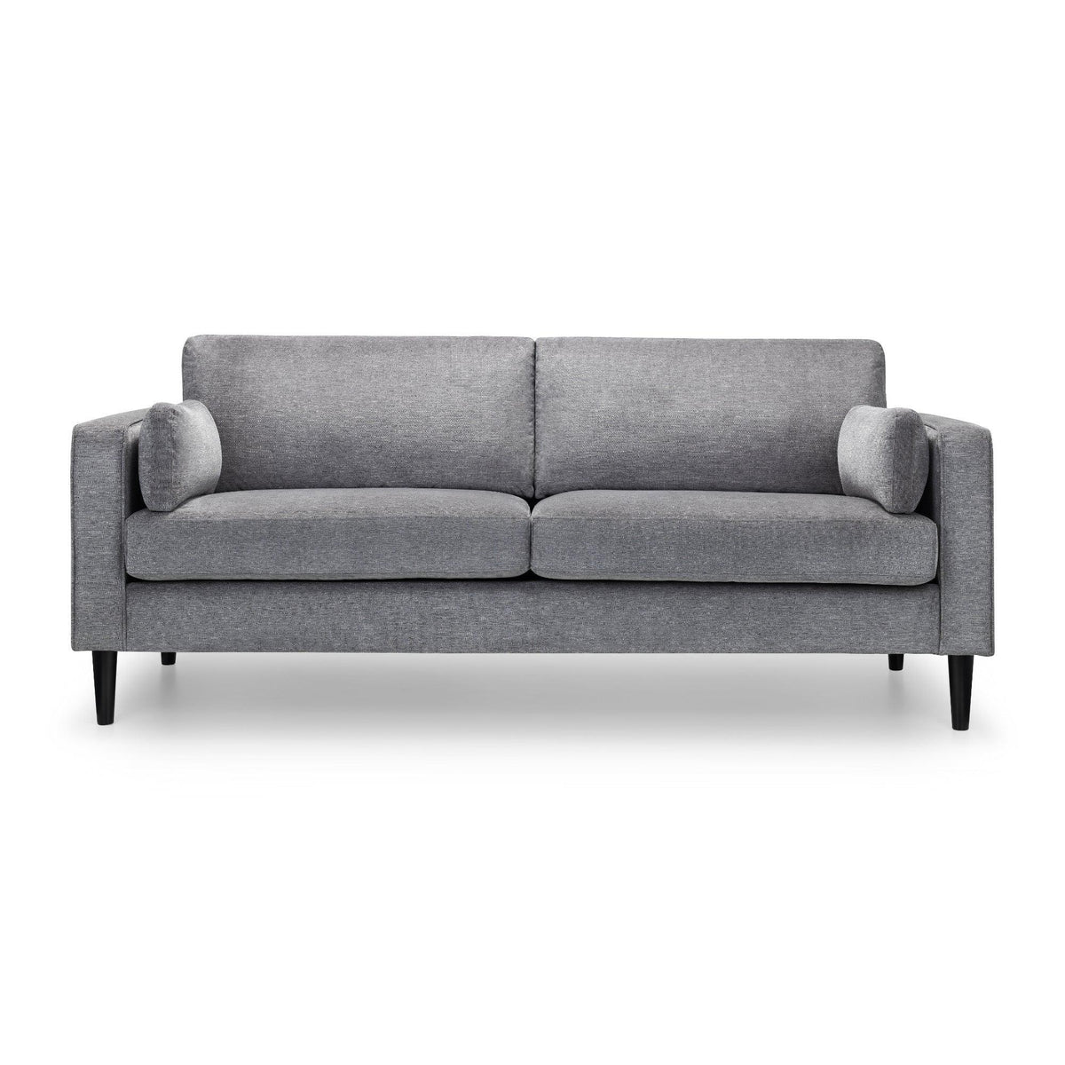 Dark grey chenille 3 seater sofa with straight arms and matching round bolster cushions
