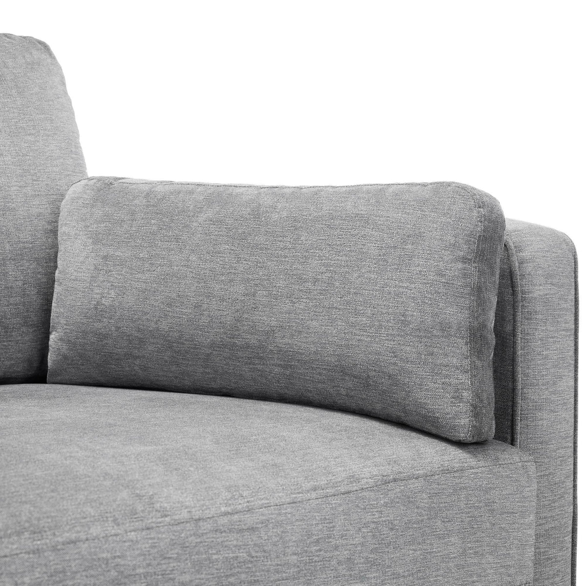 Close-up of dark grey chenille 3 seater sofa arm and backrest cushion detail