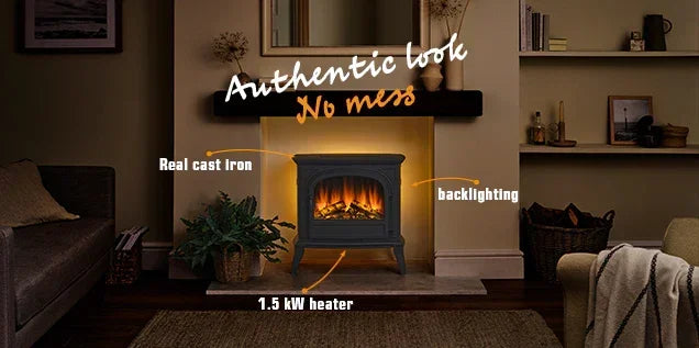 Black cast iron electric fireplace with backlighting and 1.5 kW heater in living room