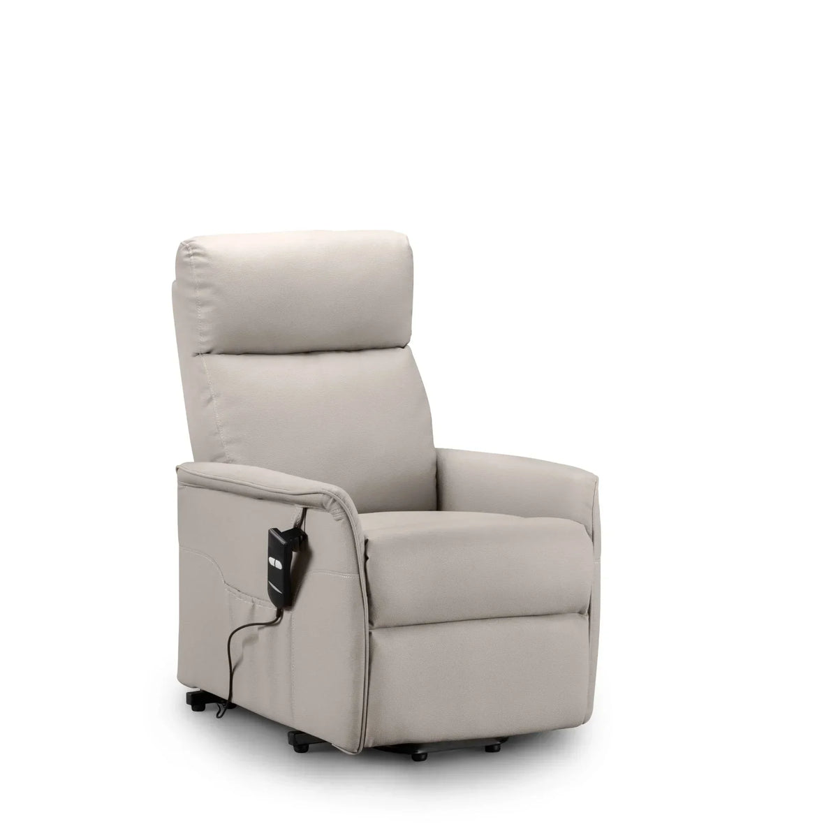 Pebble faux leather rise recliner chair with remote control, angled view