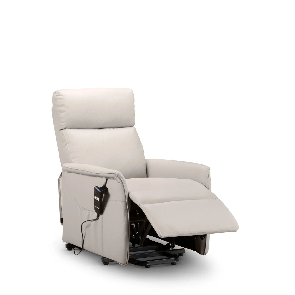 Pebble faux leather rise and recliner chair with remote and extended footrest on white background