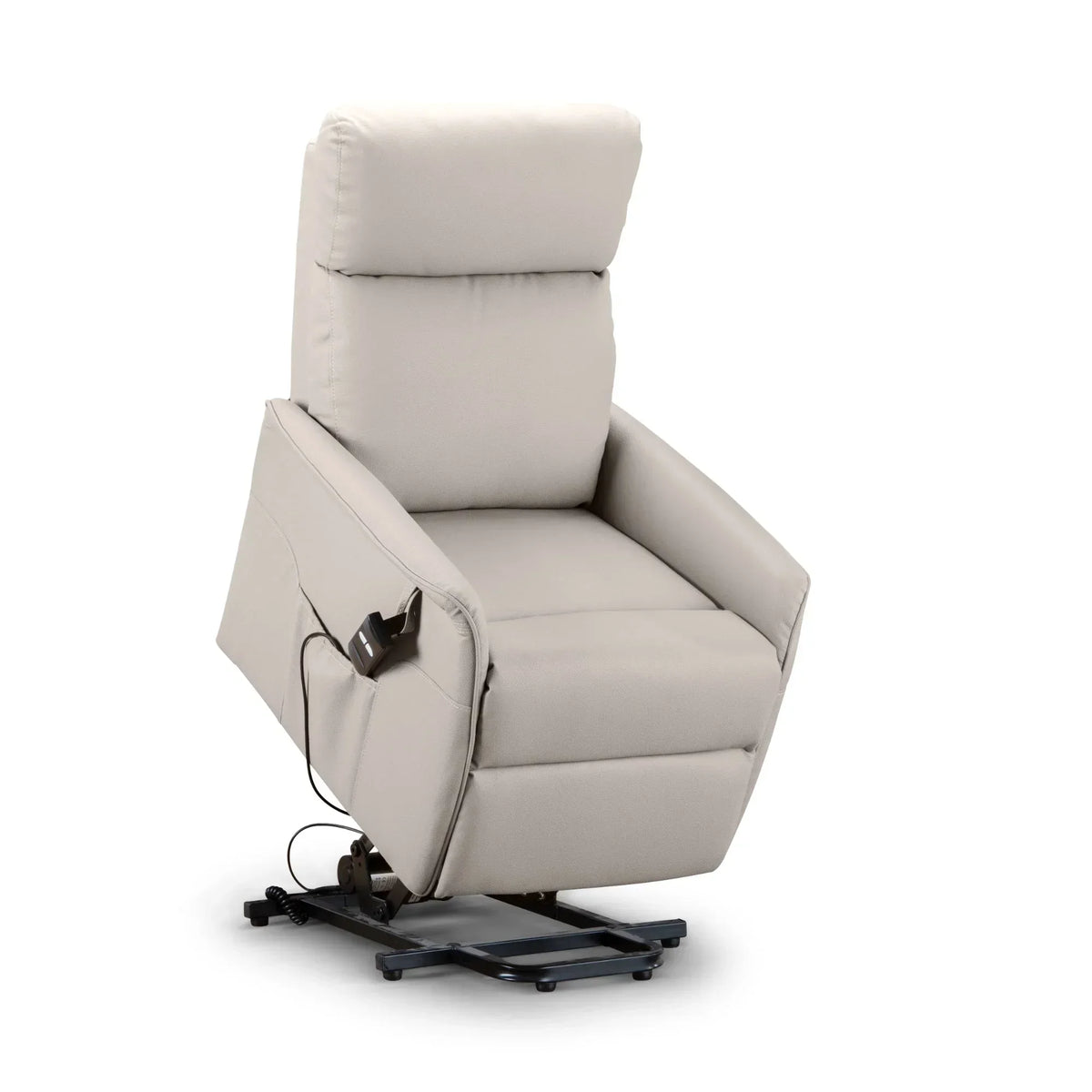 Pebble faux leather rise and recliner chair with remote control in elevated position
