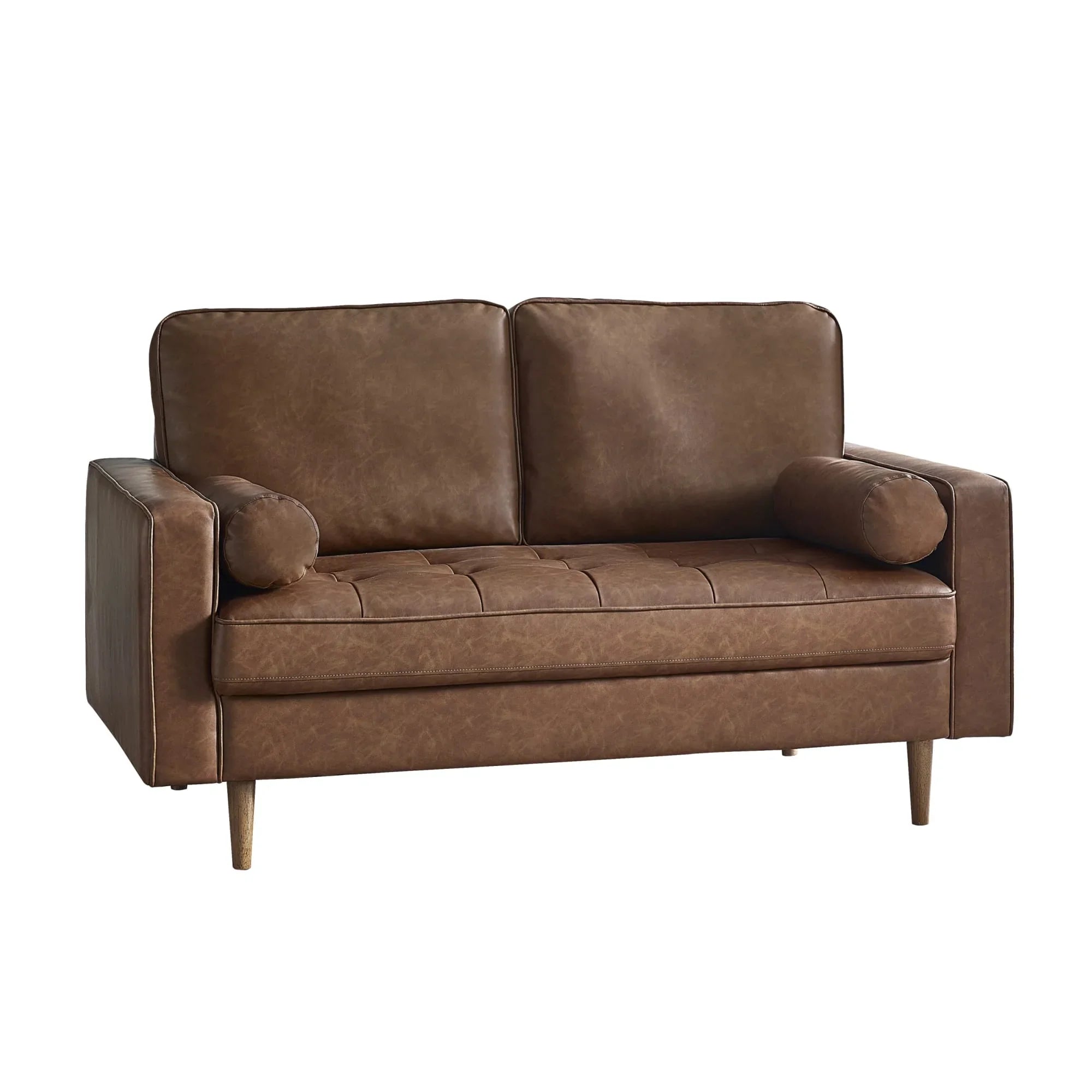 Brown leather sofa with wooden legs and two bolster cushions, front view