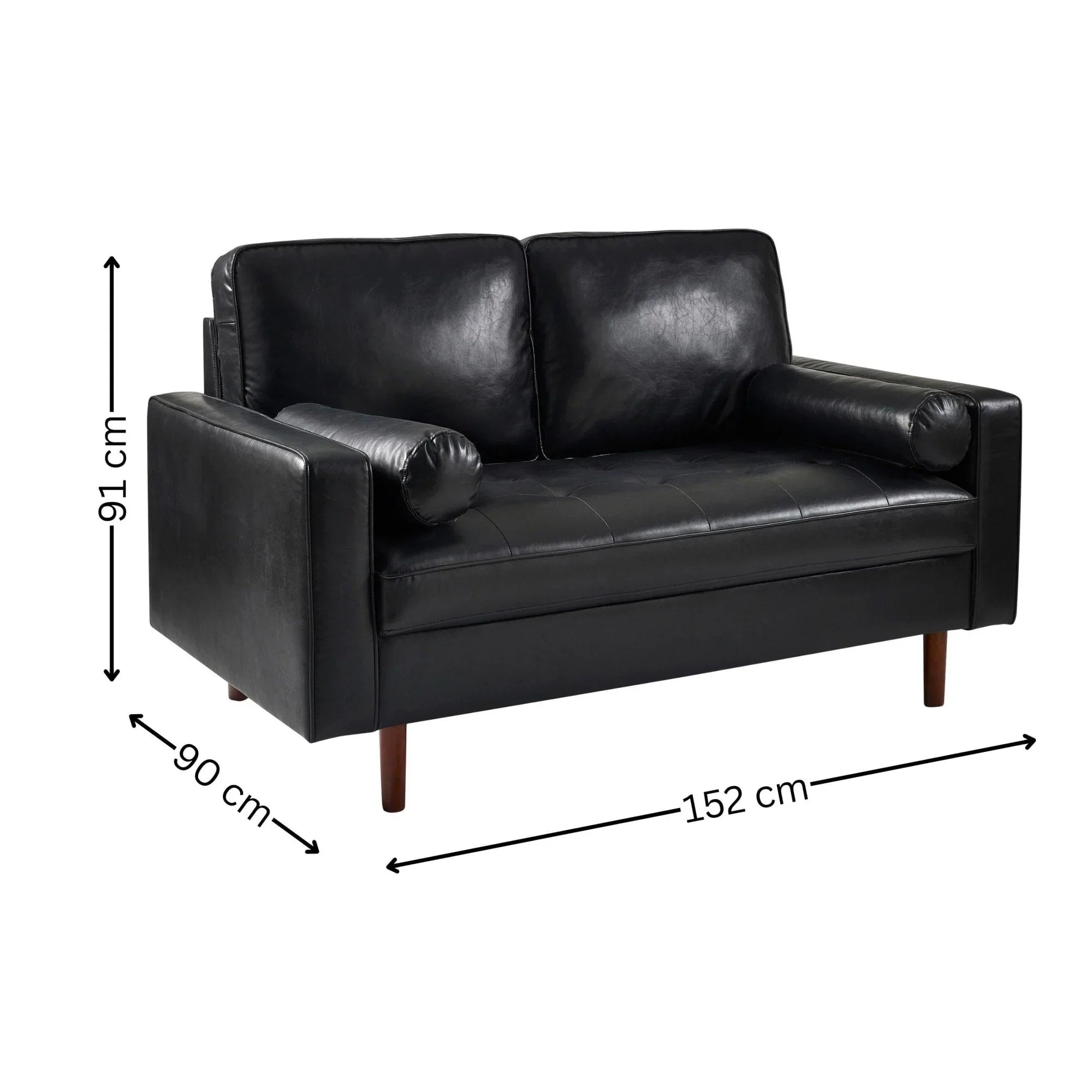 Black leather sofa with bolster cushions, wooden legs, and dimensions 152x91x90 cm