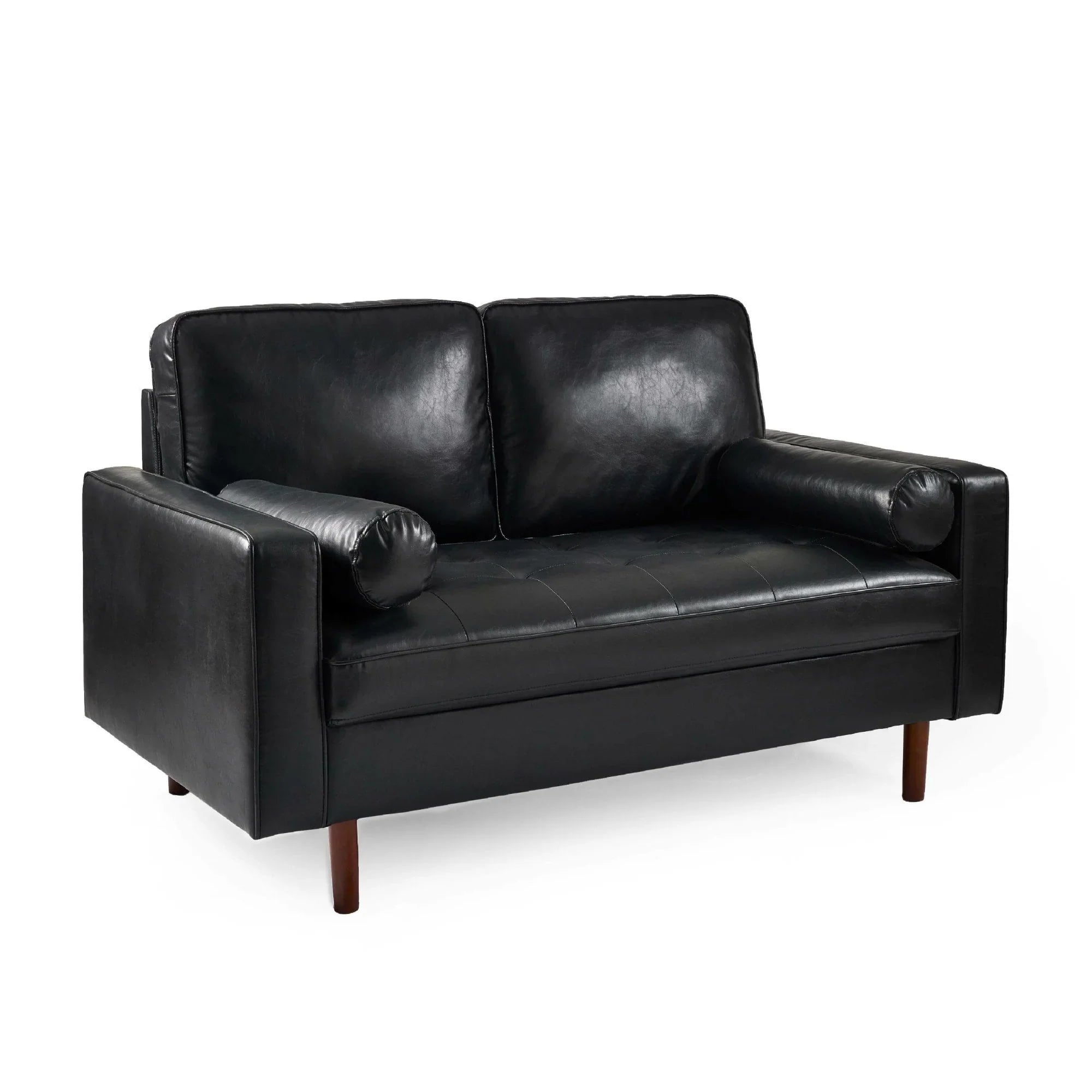 Black leather two seater sofa with wooden legs and cylindrical armrest cushions