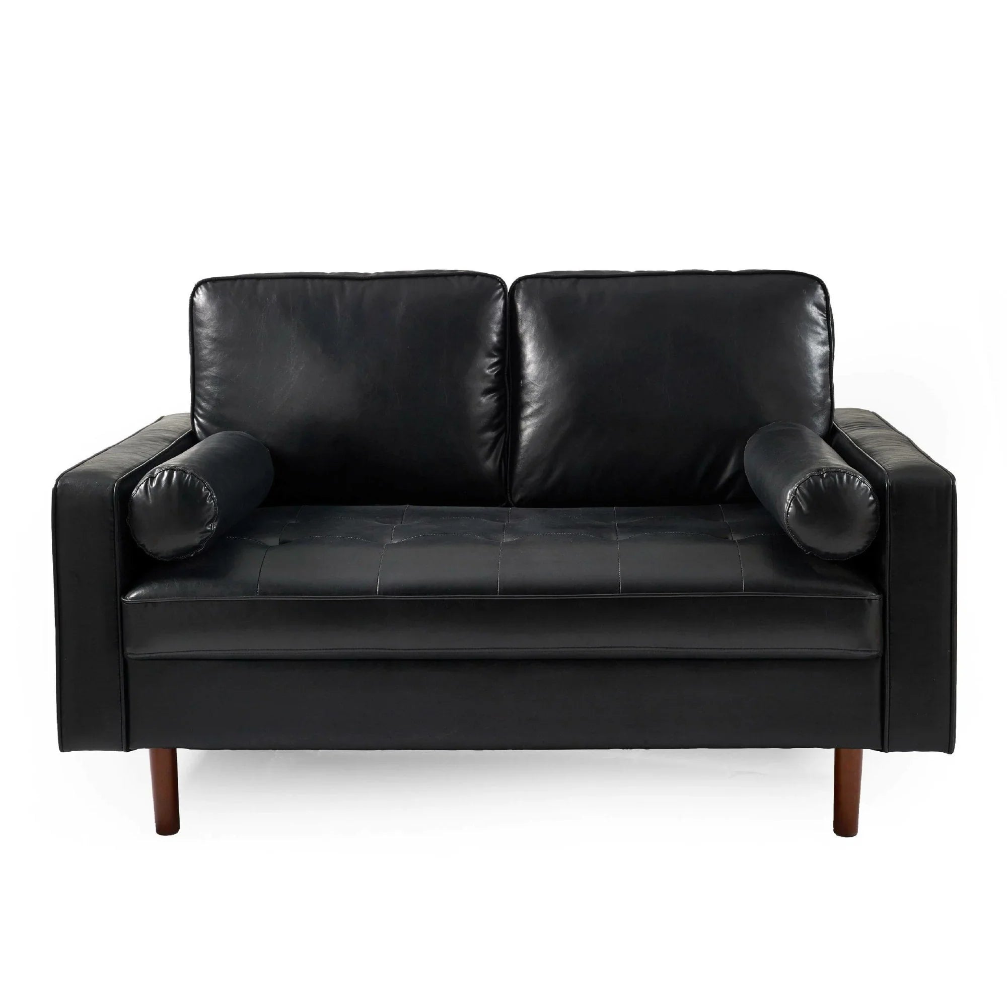 Black leather two seater sofa with cylindrical armrest cushions and wooden legs