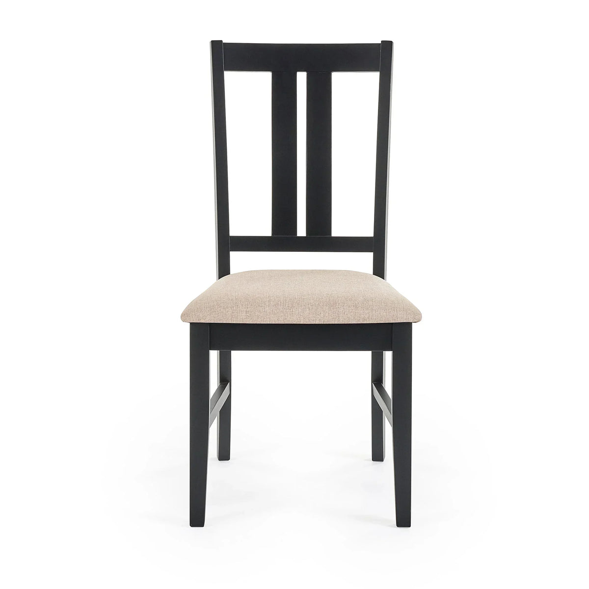 Black wooden dining chair with beige upholstered seat, front view