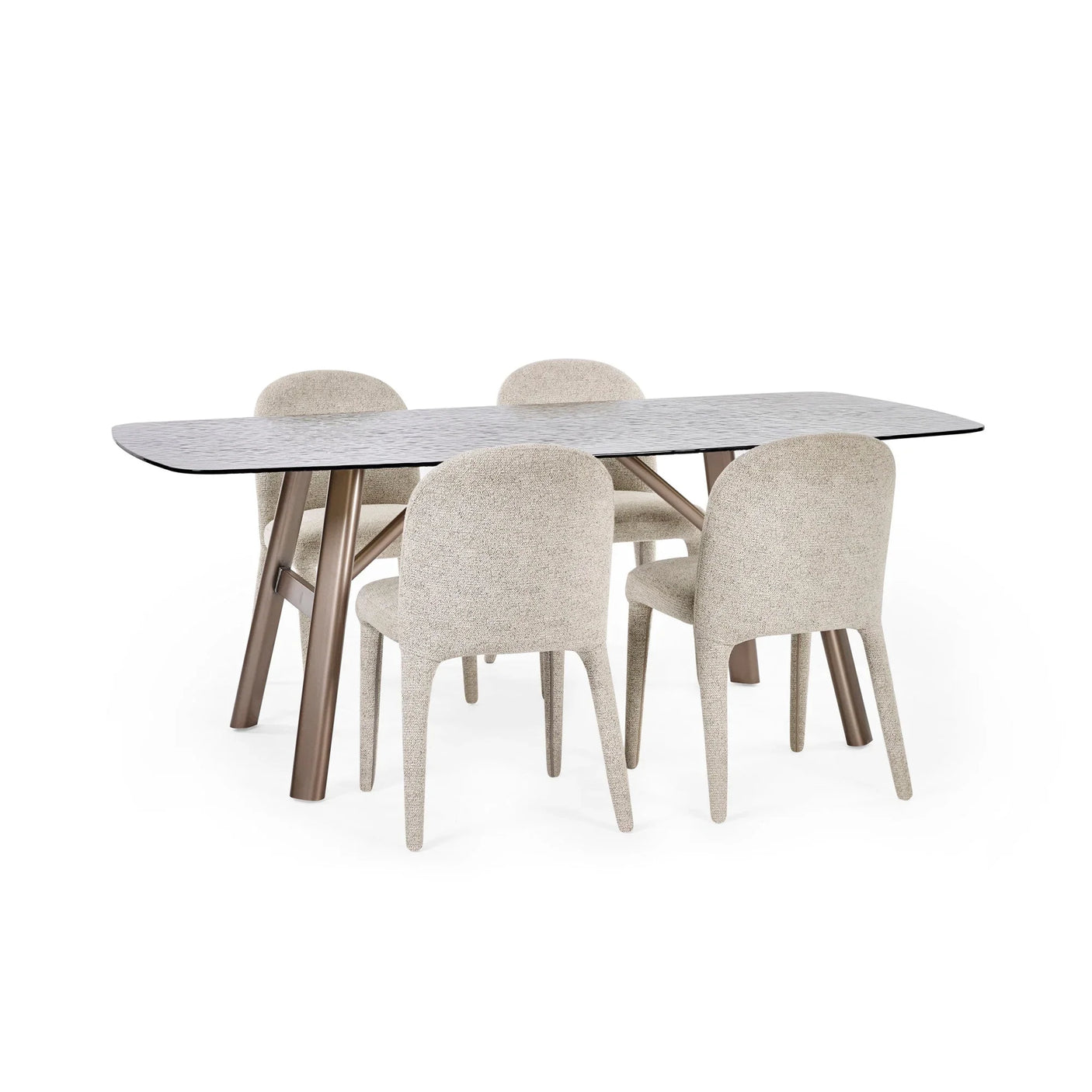 Modern dining table with patterned stone top and four beige upholstered chairs