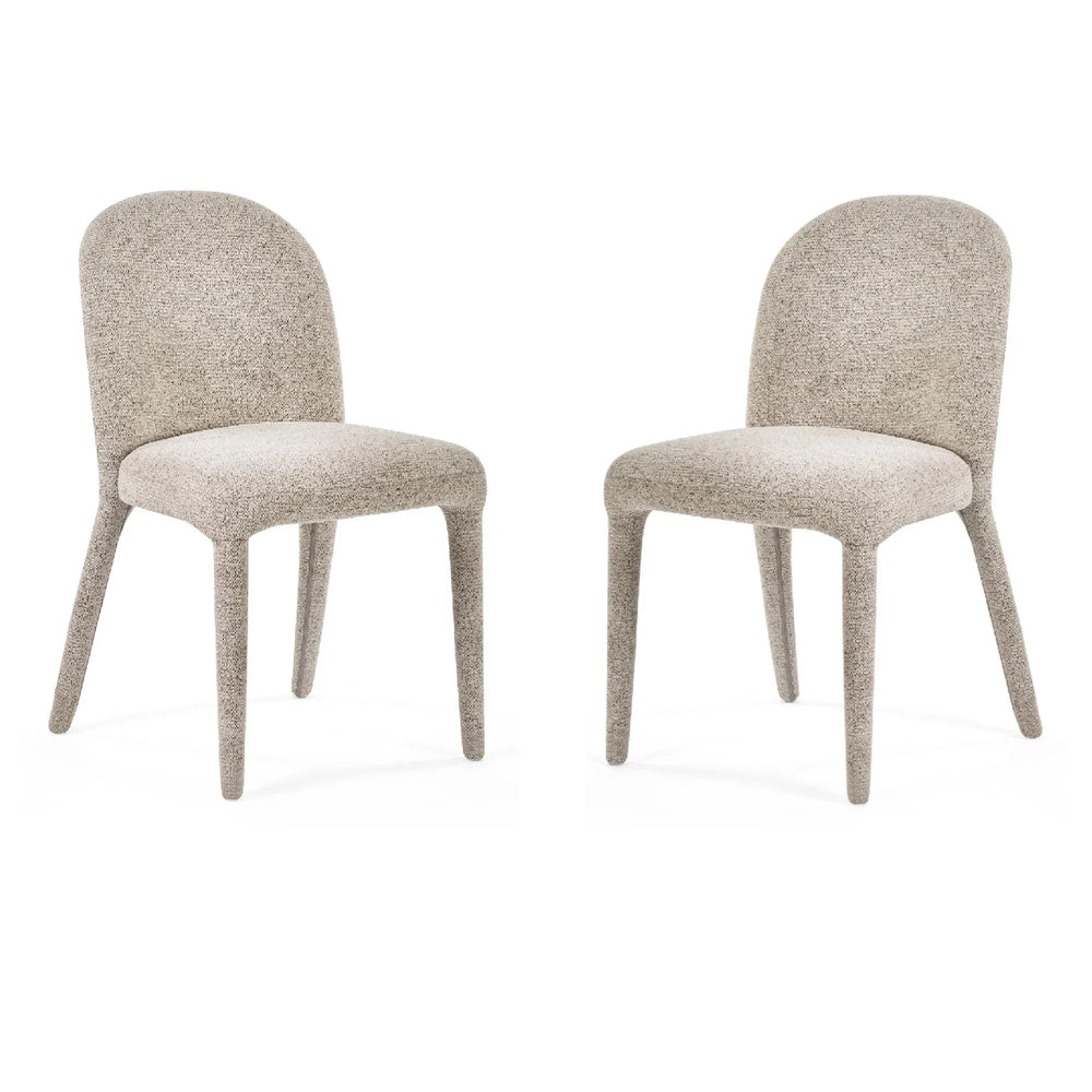 Pair of modern upholstered dining chairs with rounded backs and textured beige fabric
