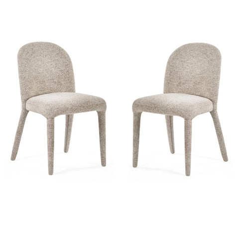 Pair of modern upholstered dining chairs with rounded backs and textured beige fabric