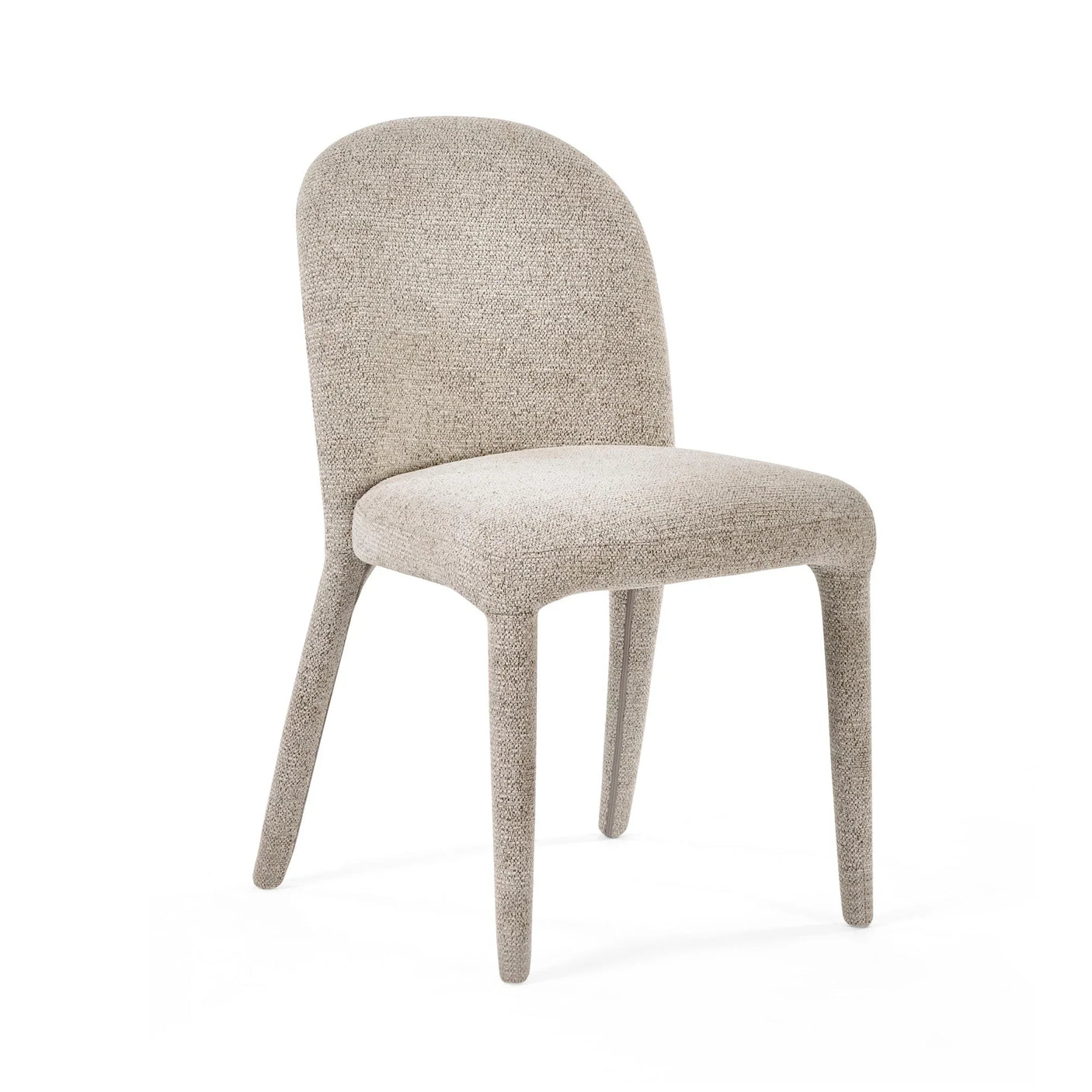 Beige fabric dining chair with curved backrest and cushioned seat on white background