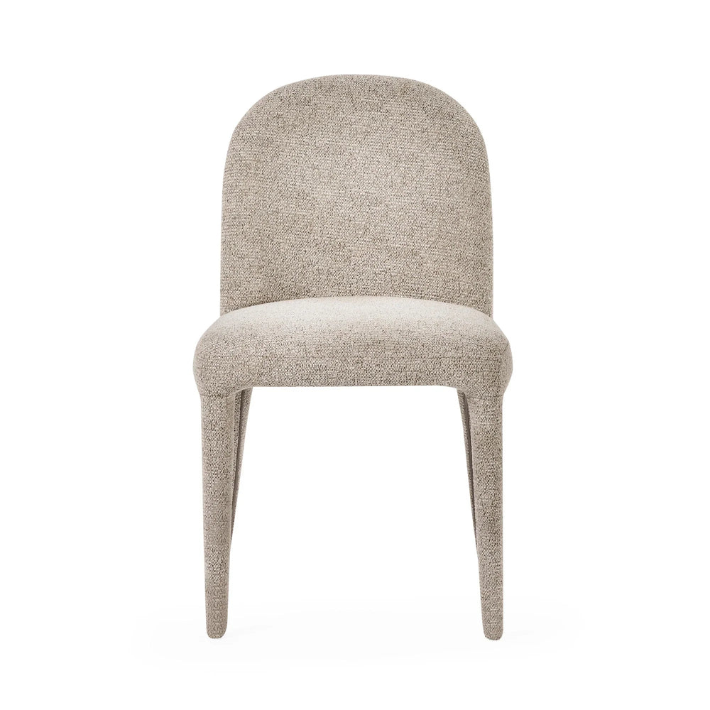 Beige fabric dining chair with curved back and padded seat, front view