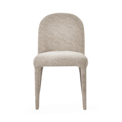 Beige fabric dining chair with curved back and padded seat, front view