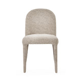 Beige fabric dining chair with curved back and padded seat, front view