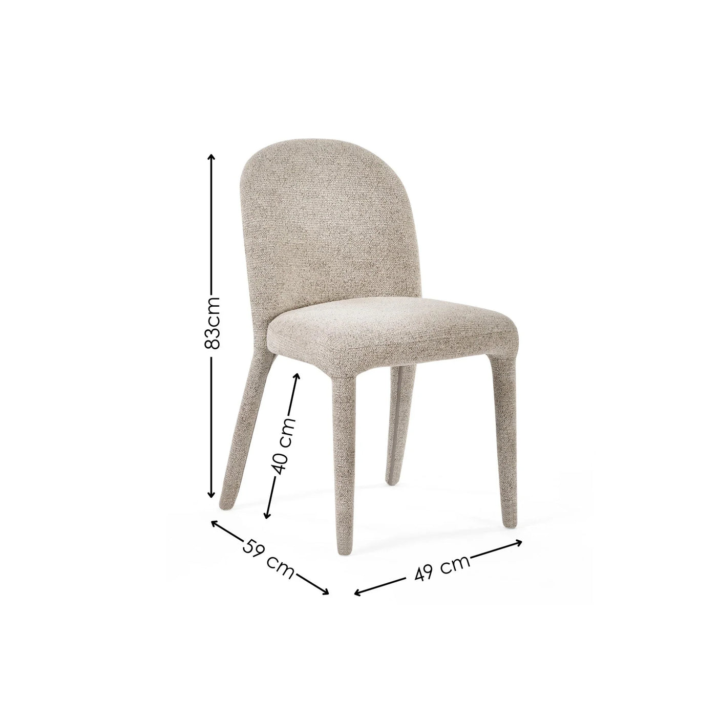 Beige upholstered dining chair with rounded backrest and labelled dimensions on white background