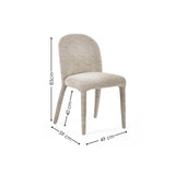 Beige upholstered dining chair with rounded backrest and labelled dimensions on white background