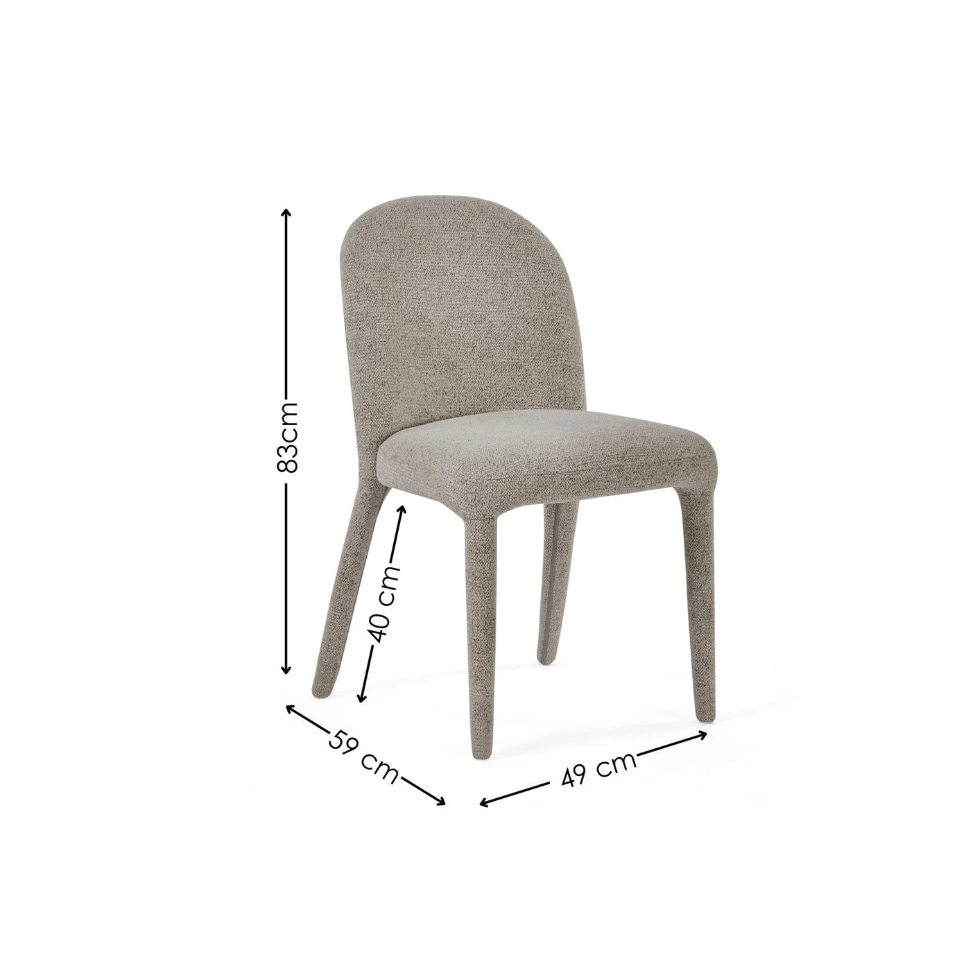 Beige upholstered dining chair with rounded back and printed dimensions on white background