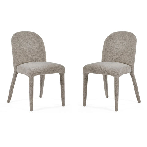 Pair of upholstered dining chairs in light grey boucle fabric with rounded backs and cushioned seats