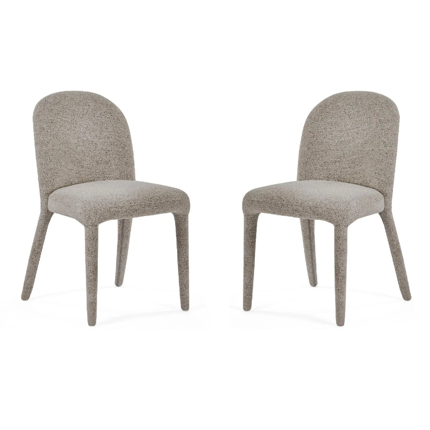 Pair of upholstered dining chairs in light grey boucle fabric with rounded backs and cushioned seats