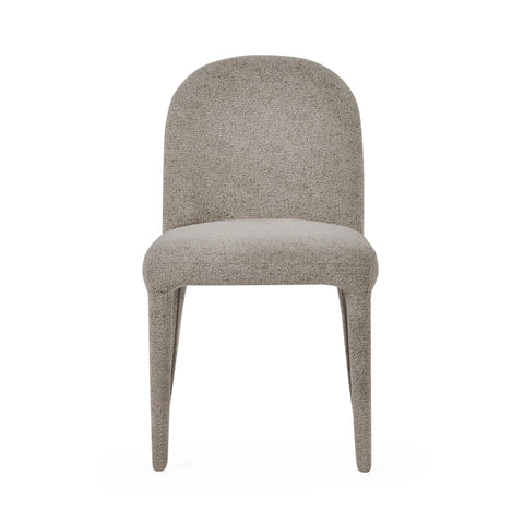 Beige upholstered dining chair with curved backrest and padded seat, front view
