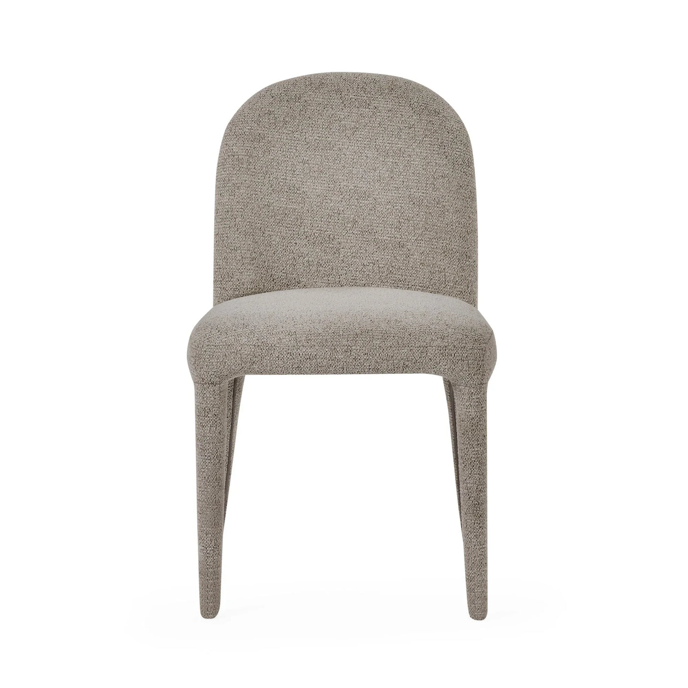Beige upholstered dining chair with curved backrest and padded seat, front view