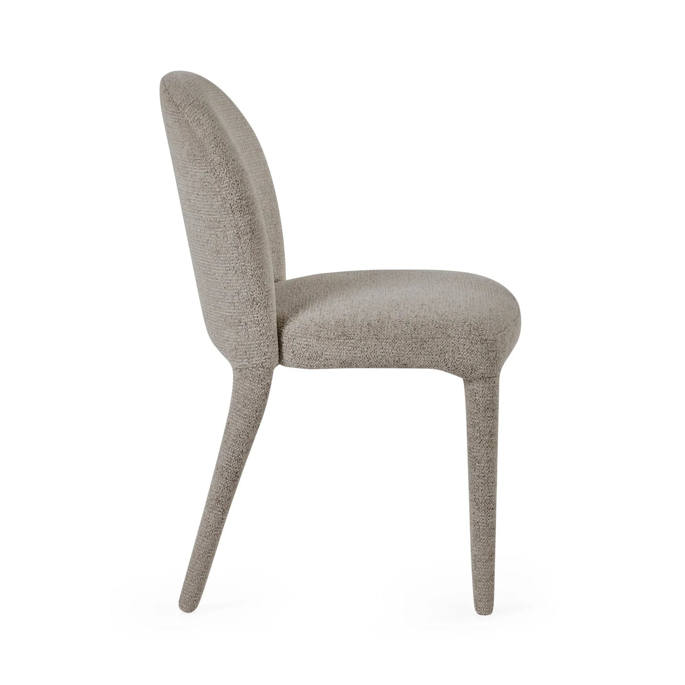 Side view of modern upholstered dining chair in light beige fabric