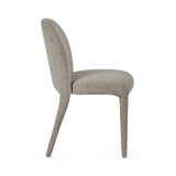 Side view of modern upholstered dining chair in light beige fabric