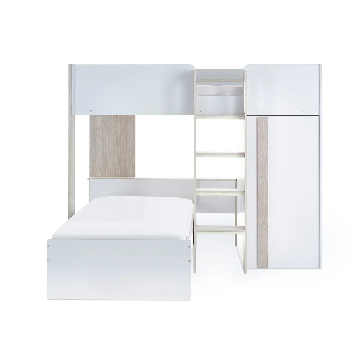 Pale wood and white bunk bed with ladder, integrated wardrobe and shelving, front view