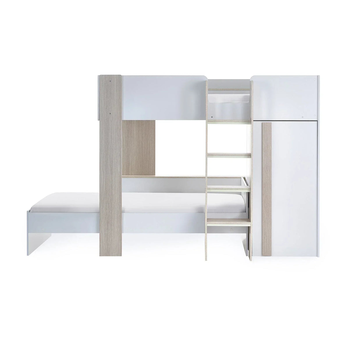 Pale wood and white bunk bed with integrated ladder and lower single bed