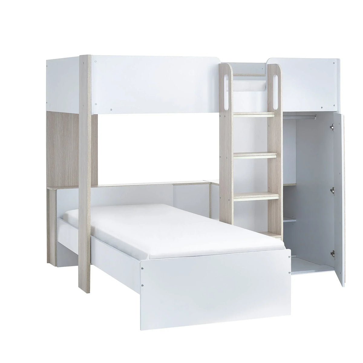 White and pale wood bunk bed with ladder and integrated wardrobe, angled front view