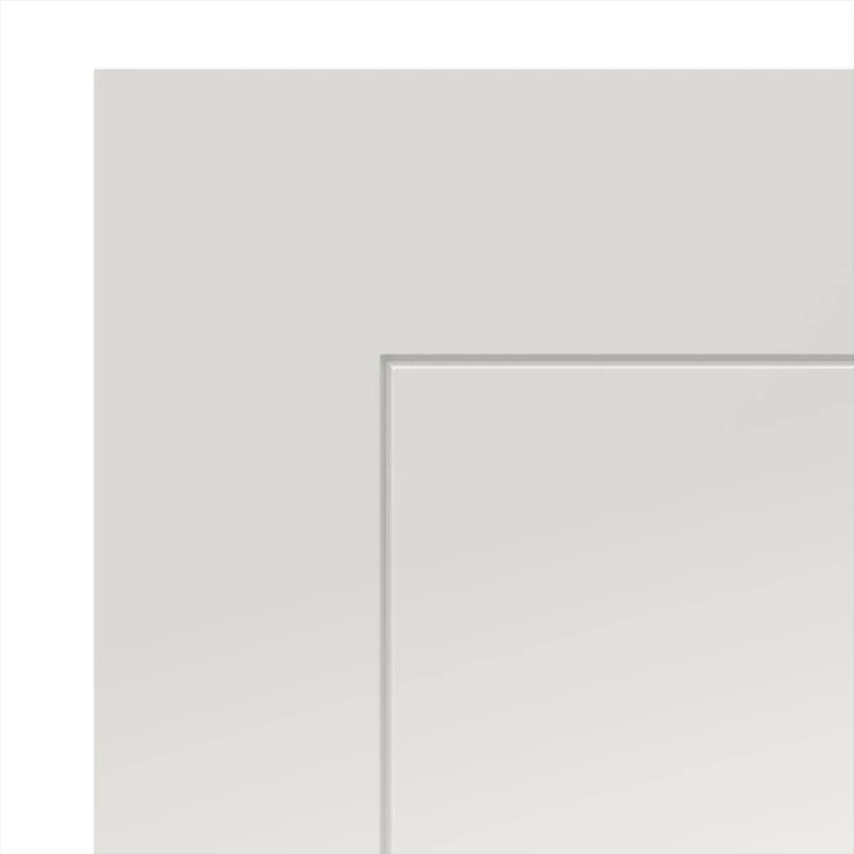 Closeup of light grey panel door with subtle border design and smooth painted finish
