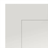 Closeup of light grey panel door with subtle border design and smooth painted finish