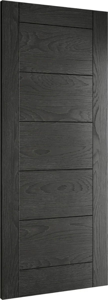 Black wood panel interior door with horizontal grooves and visible wood grain texture