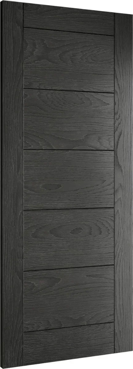 Black wood panel interior door with horizontal grooves and visible wood grain texture