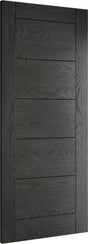 Black wood panel interior door with horizontal grooves and visible wood grain texture