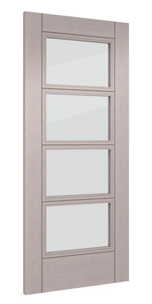 Light grey internal door with four clear glazed panels and ash wood finish