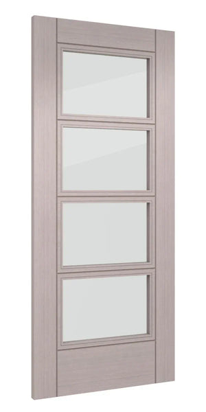 Light grey internal door with four clear glazed panels and ash wood finish
