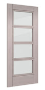 Light grey internal door with four clear glazed panels and ash wood finish