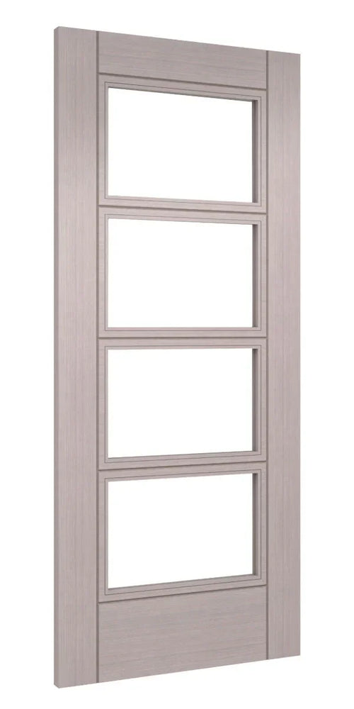 Light grey ash internal door with four clear glass panels, modern vertical grain finish