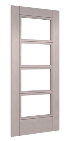 Light grey ash internal door with four clear glass panels, modern vertical grain finish