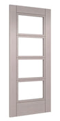 Light grey ash internal door with four clear glass panels, modern vertical grain finish