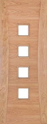 Oak internal door with four square glass panels in a vertical line