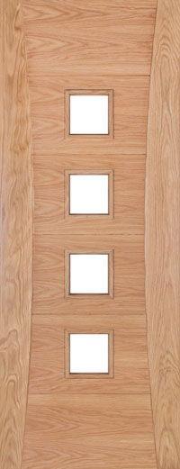 Oak internal door with four square glass panels in a vertical line