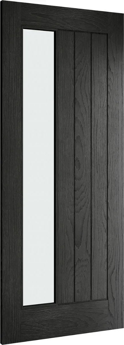Black wood internal door with vertical frosted glass panel and grooved design