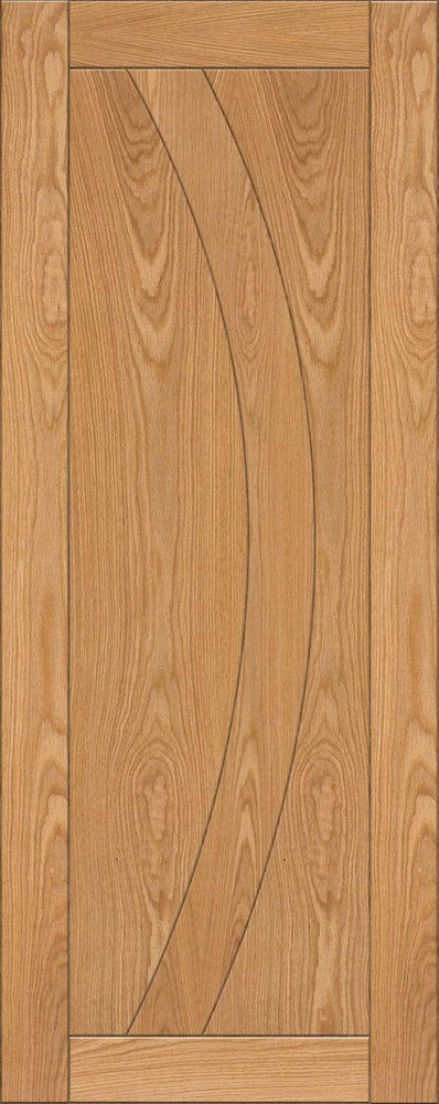Oak interior door with curved panel design and natural wood grain finish