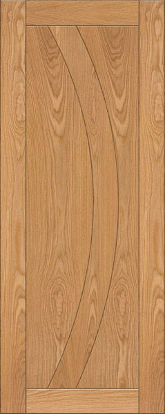 Oak interior door with curved panel design and natural wood grain finish