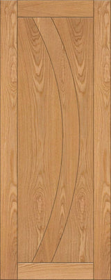 Oak interior door with curved panel design and natural wood grain finish