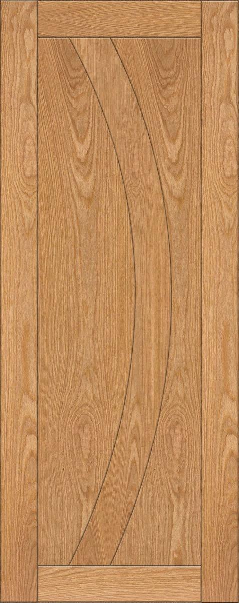 Oak interior door with curved panel design and natural wood grain finish