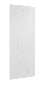 White primed interior door with modern curved panel detail, angled side view